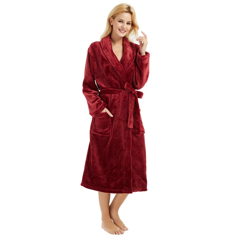 HEARTNICE Womens Fleece Robes, Soft Plush Long Bathrobe, Thick Kimono Robes for Womens, Warm House Coat (A-Wine, L/XL) - Image 1